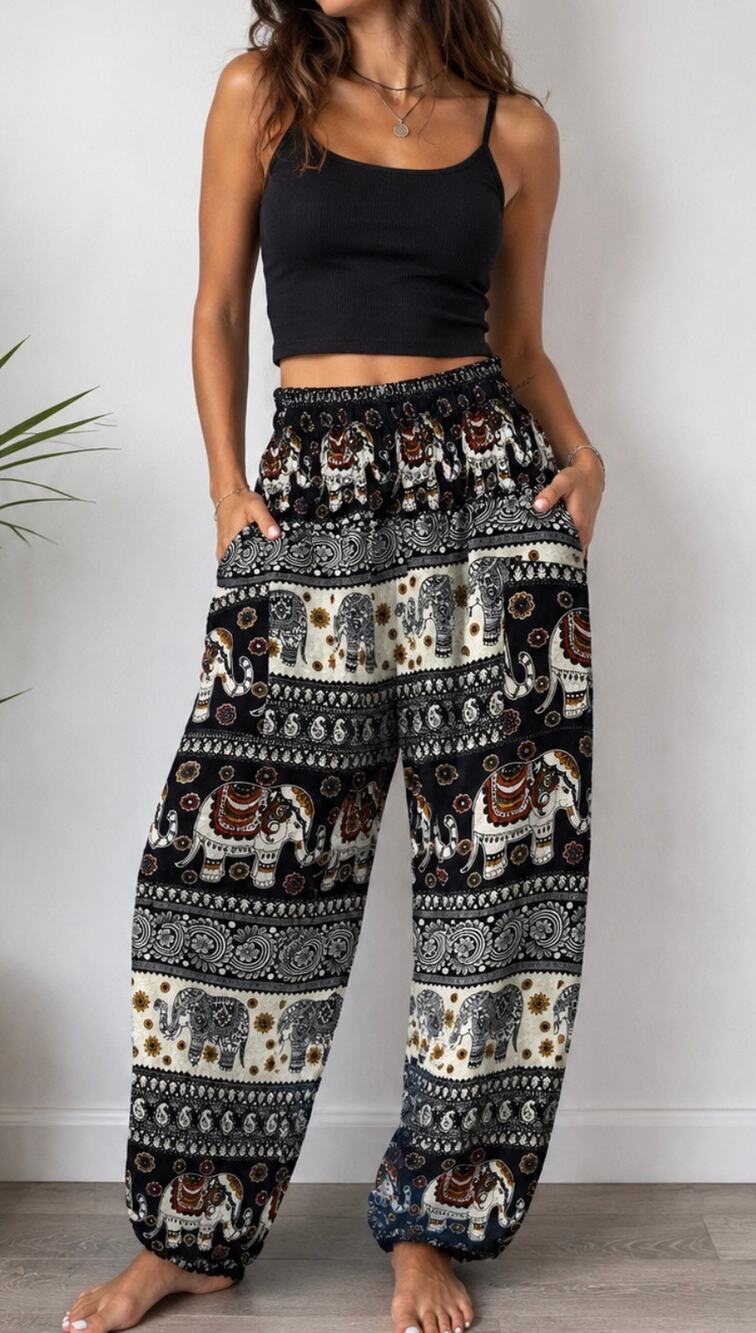 B/W Elephant Print Harem Pants